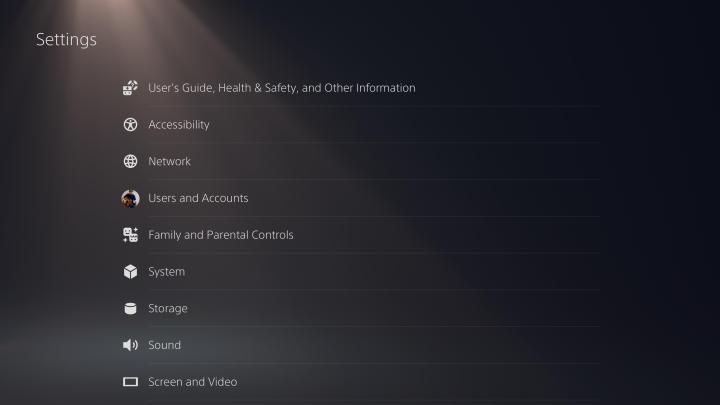 PS5 settings menu