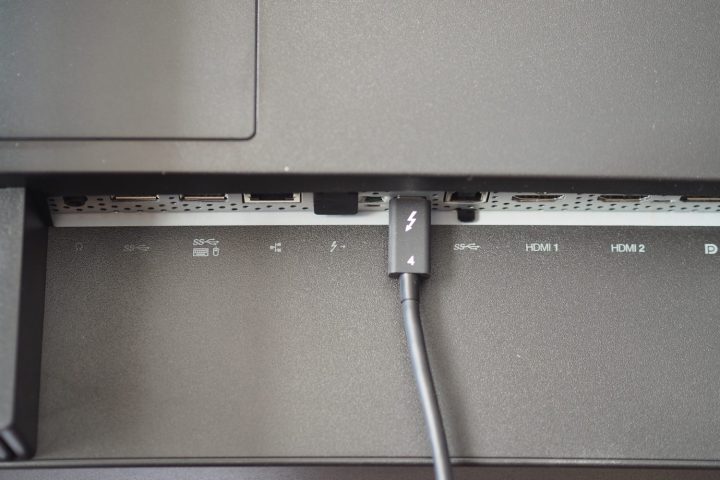 alt: Rear view of the Lenovo ThinkVision P49w-30 highlighting its extensive array of ports.