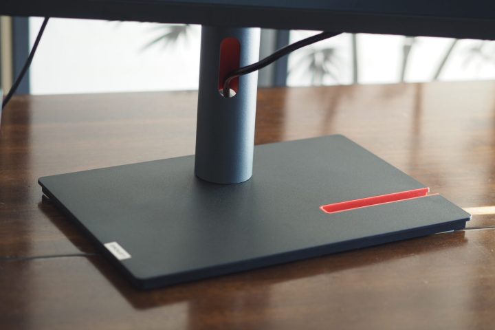 alt: Close-up of the Lenovo ThinkVision P49w-30's stand and base, highlighting its design and build quality.