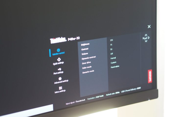alt: Lenovo ThinkVision P49w-30 monitor front view, displaying the OSD menu and its various options.