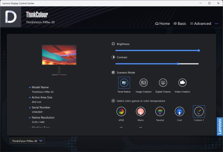 alt: Screenshot of the Lenovo ThinkVision P49w-30 OSD utility, demonstrating its functionality and ease of use.