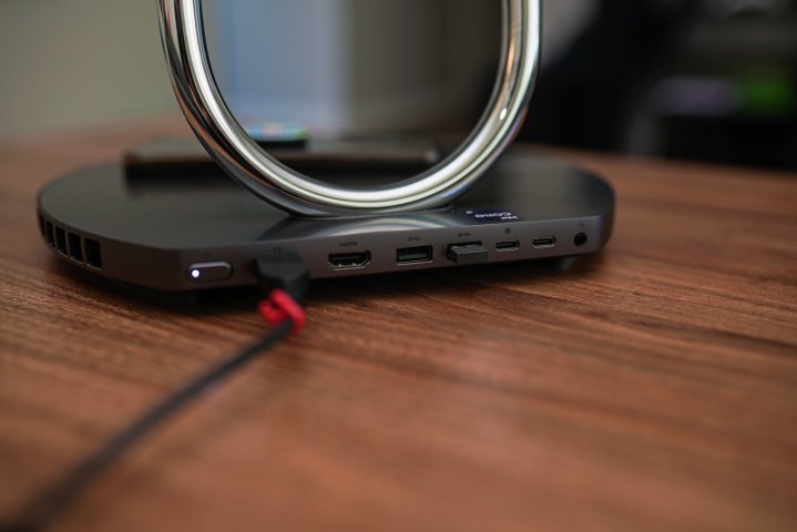 The ports located on the back of the Lenovo Yoga AIO 9i, highlighting the connectivity options and their placement.