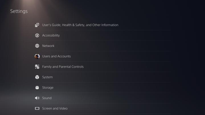 PS5 Settings menu