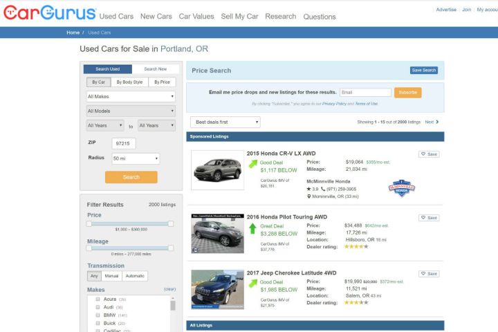 CarGurus listings for cars in Portland.