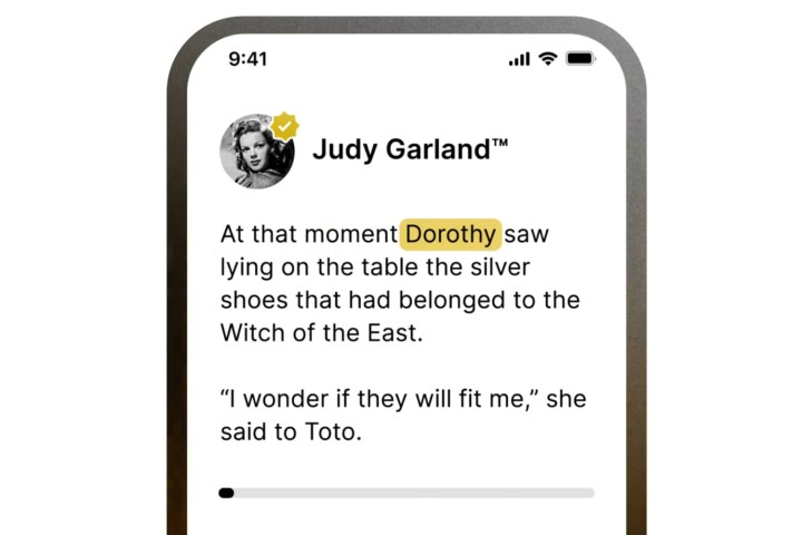 Alt: A screenshot of the ElevenLabs Reader app displaying text being read by a synthesized voice of Judy Garland.