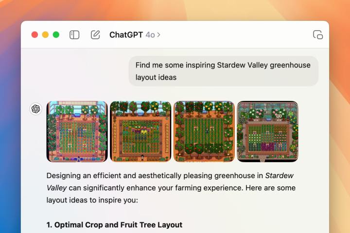 Alt: ChatGPT Mac app showing Stardew Valley farm layout suggestions and tips.