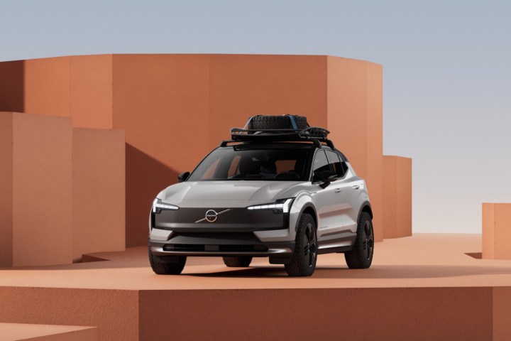 Front three quarter view of the 2025 Volvo EX30 Cross Country in a graphic render. 