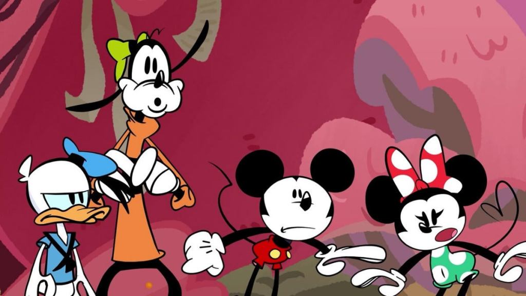 alt: Mickey, Minnie, Donald, and Goofy standing together in Disney Illusion Island