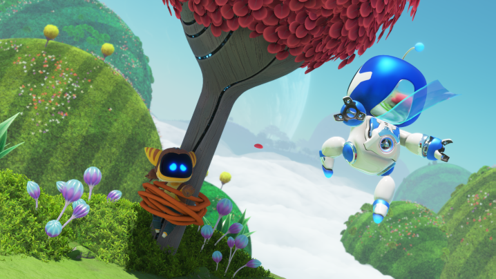 Astro Bot jumps to save Ratchet, who is tied to a tree.