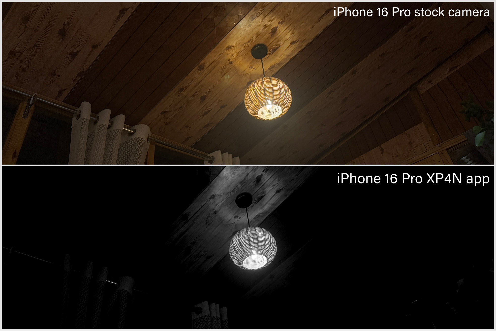 Comparison of photos taken with iPhone 16 Pro and XP4N app.