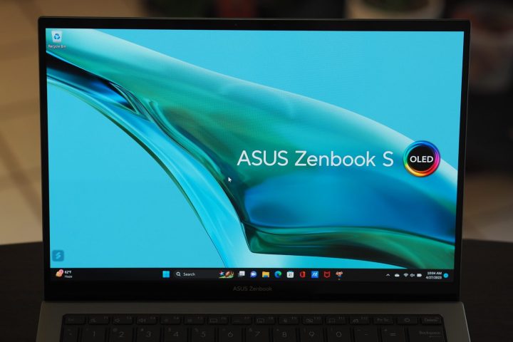 alt text: Front view of the Asus Zenbook S 13 OLED (2023) highlighting the vibrant OLED display.