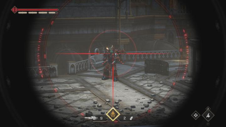 The image shows an enemy astartes in the crosshairs of a sniper.