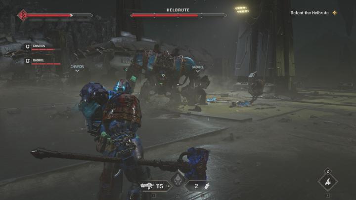 The image shows the player taking on a Helbrute beast.