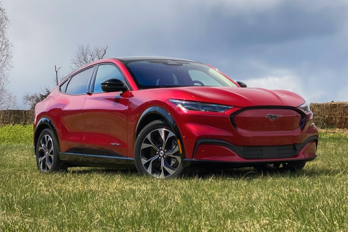 alt text: A red 2021 Ford Mustang Mach-E parked in a grassy field.