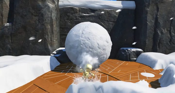 Astro bot making a big snowball.