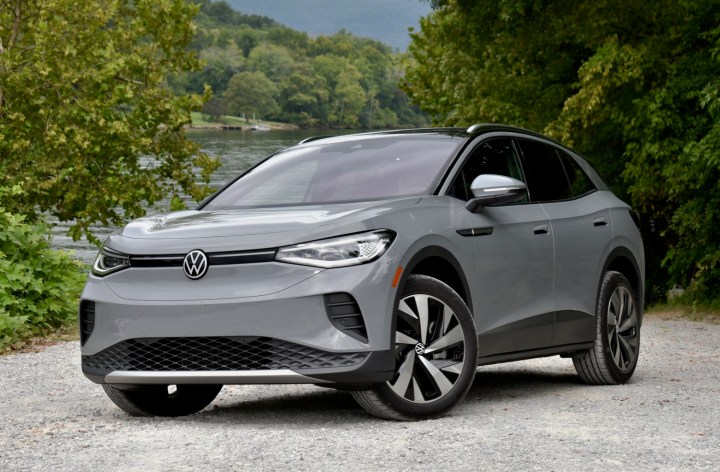 Alt: Front three-quarter view of a gray 2021 Volkswagen ID.4 AWD.