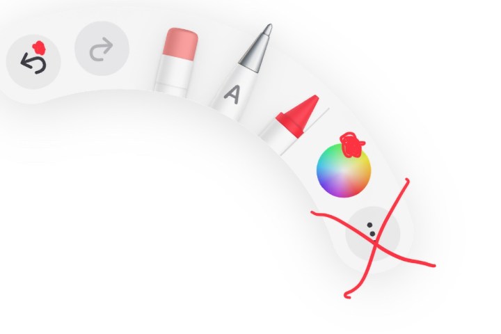 Left-handed Apple Pencil Pro tool palette marked with spots where controls need to be tapped to activate properly.