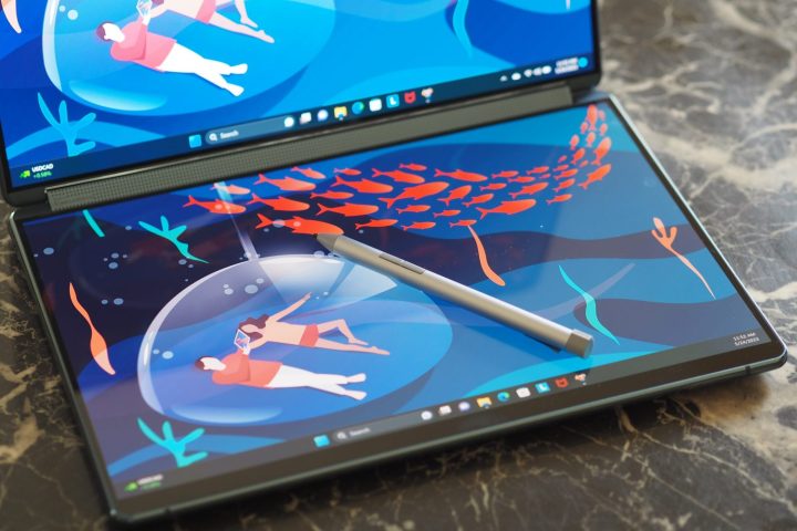 alt: Lenovo Yoga Book 9i open showing the bottom screen.