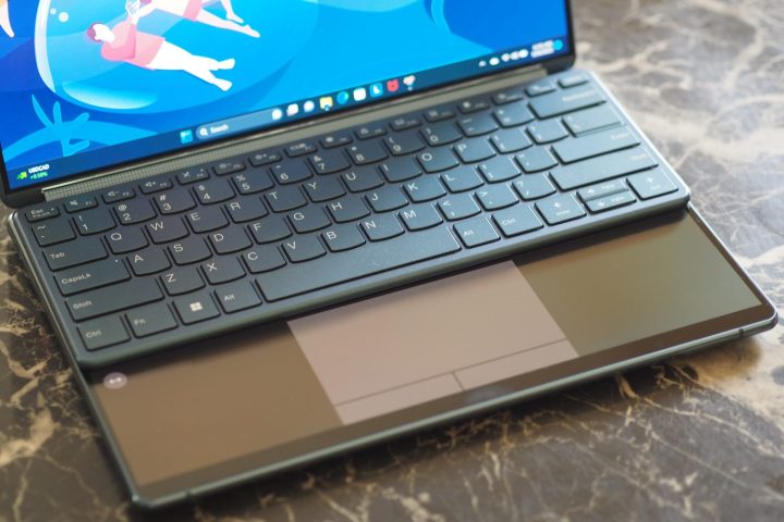 alt: Lenovo Yoga Book 9i physical keyboard positioned at the top of the bottom screen.