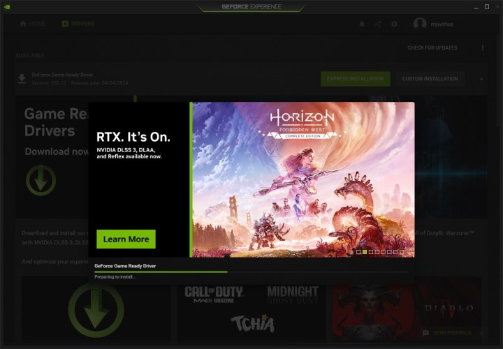 GeForce Experience driver installation options.