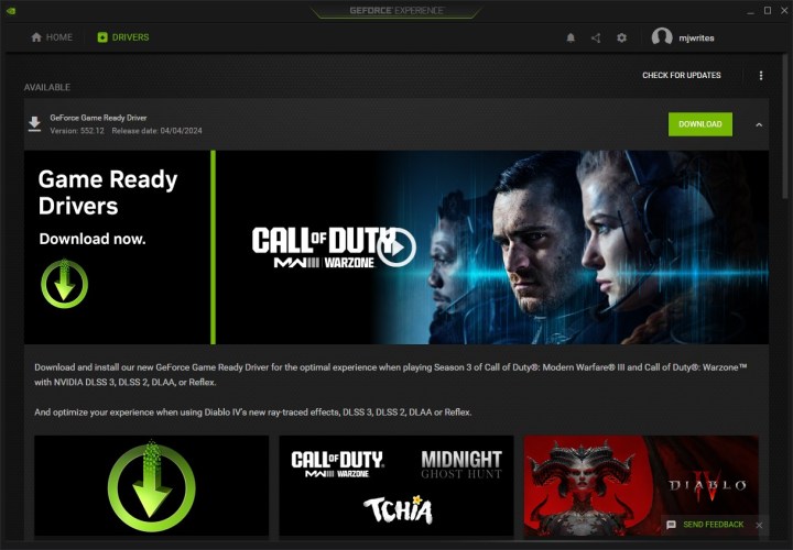 Nvidia GeForce Experience driver update screen.