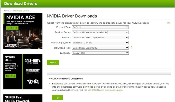 Nvidia Driver Download website screenshot.