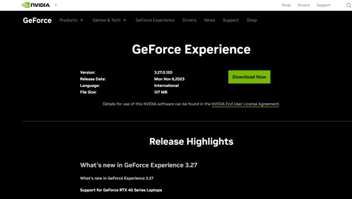 Nvidia GeForce Experience website screenshot.