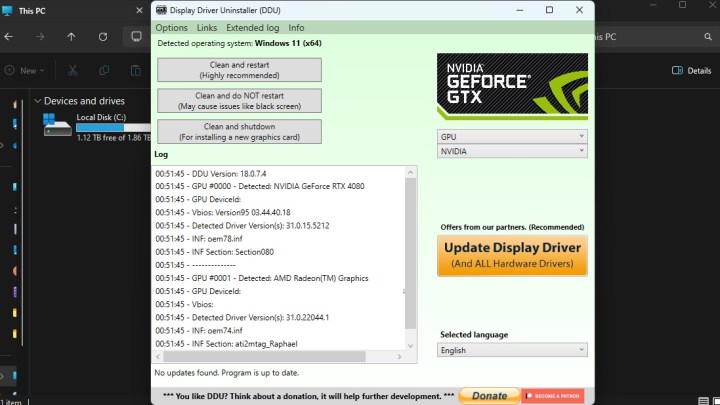 Display Driver Uninstaller main screen.