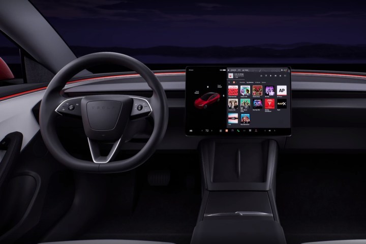 Steering wheel of the refreshed Tesla Model 3, showing wiper controls.