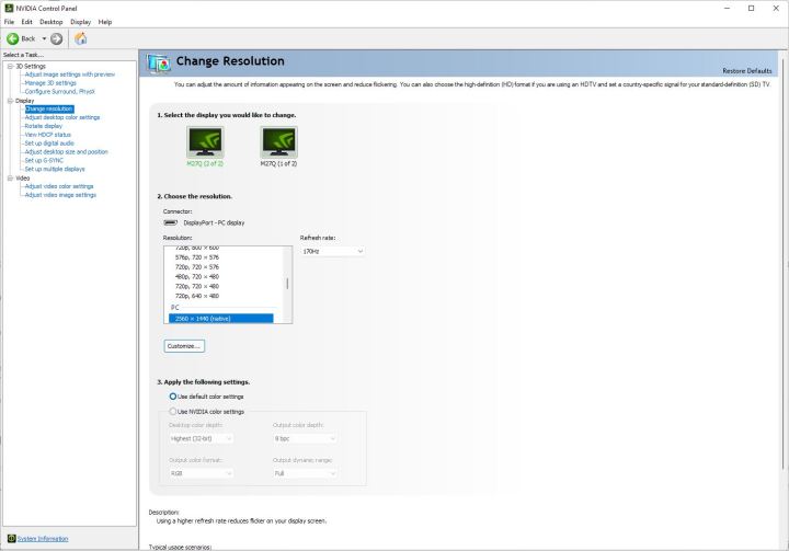 Resolution settings in the Nvidia Control Panel.