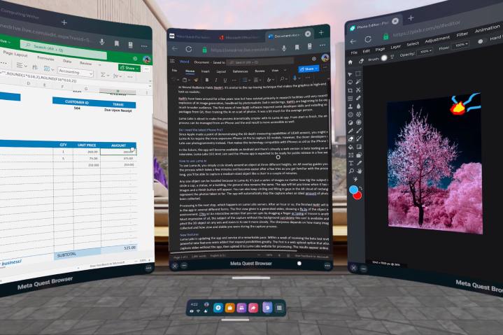 alt: Word, Excel, and Pixlr running simultaneously on the Meta Quest Pro, highlighting the use of web apps for productivity tasks.