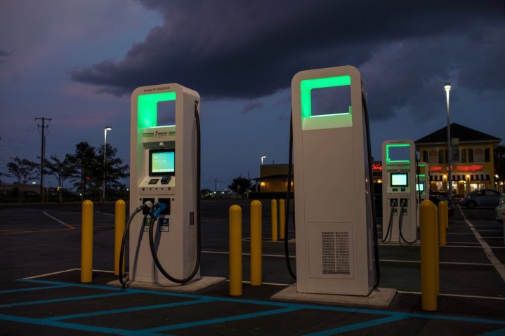 alt text: Two Electrify America charging stations, capable of delivering high-power charging.