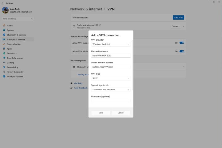 Windows 11 Add a VPN connection window.