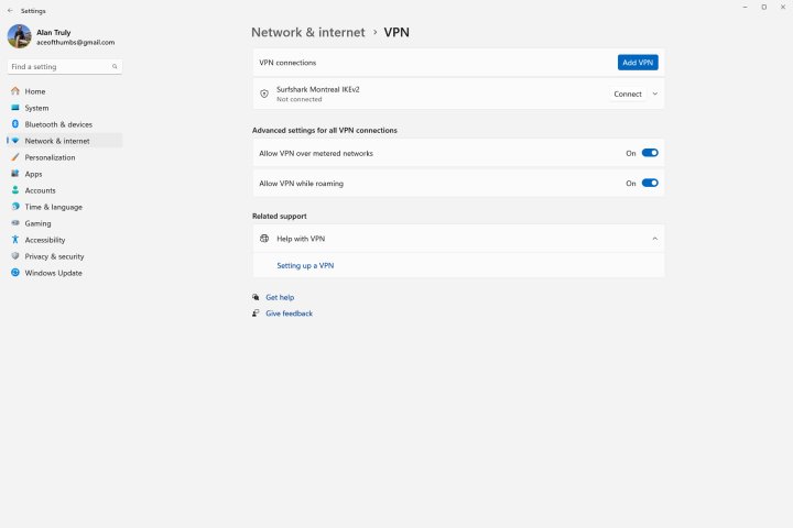 Windows 11 VPN settings.