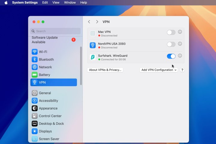 A screenshot of a VPN connected in macOS System Settings.