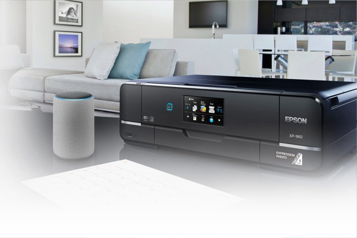 Promotional image showcasing the Epson Expression Home XP-4200's compatibility with Alexa for voice-activated printing.