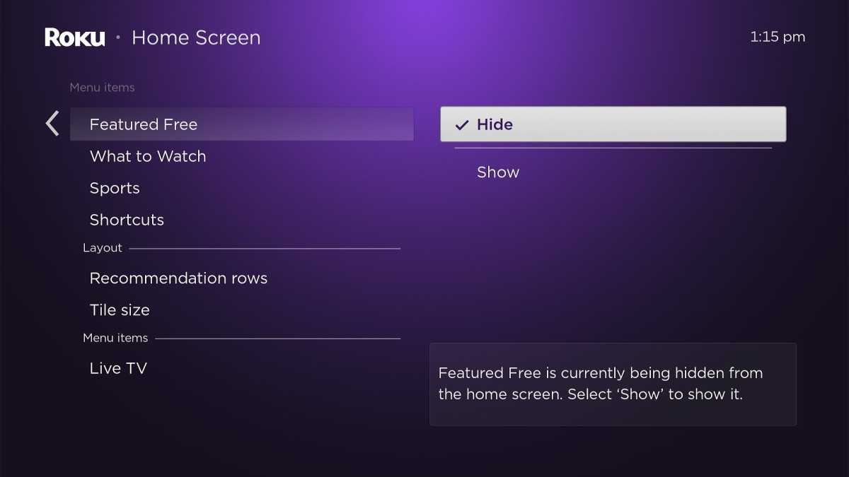 alt: Roku settings menu showing the "Menu Items" section, where users can select which items to display on the sidebar.