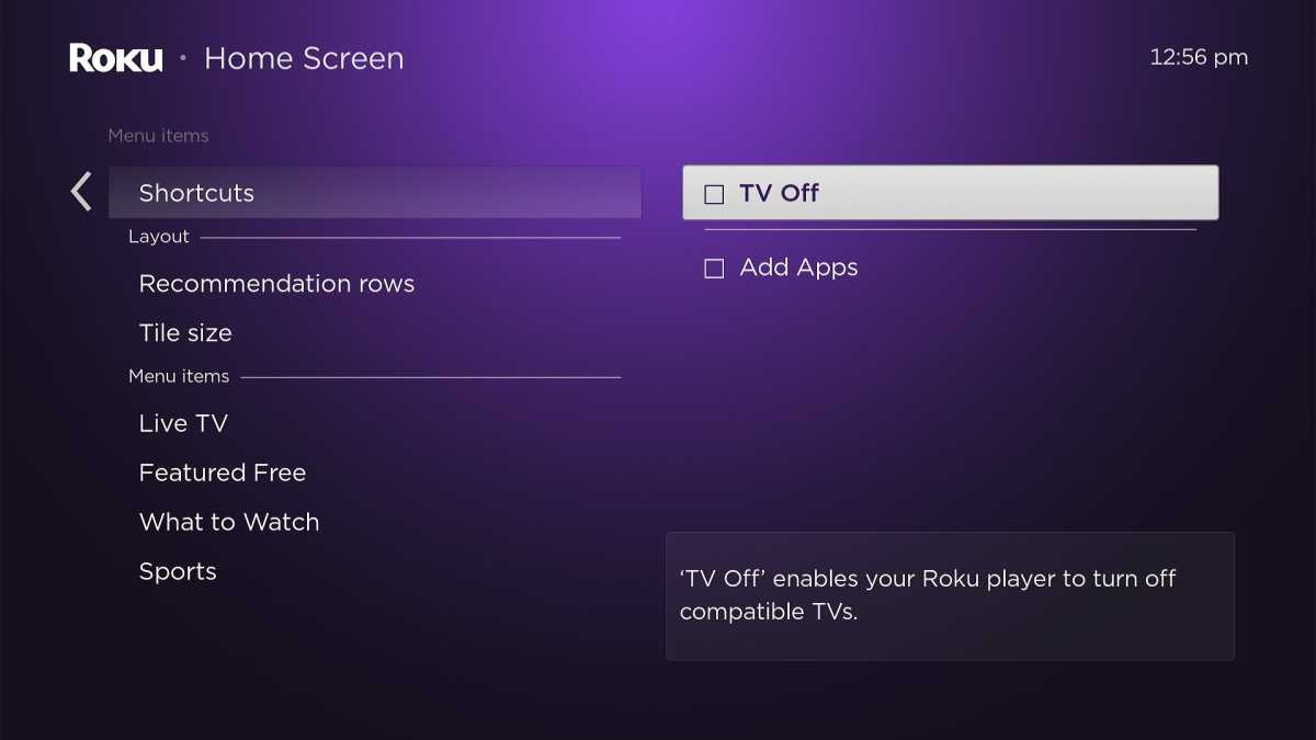 alt: Roku settings menu showing the Shortcuts options, with both "Add Channels" and "TV Off" unchecked.