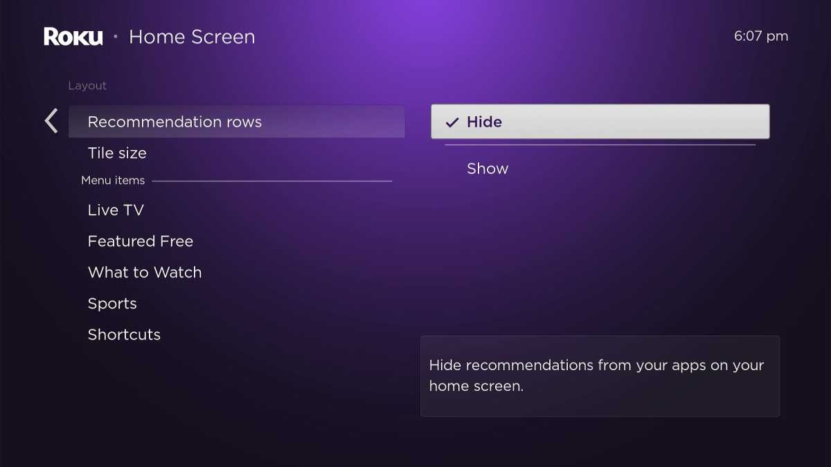 alt: Roku settings menu highlighting the option to hide the Recommendation Row.