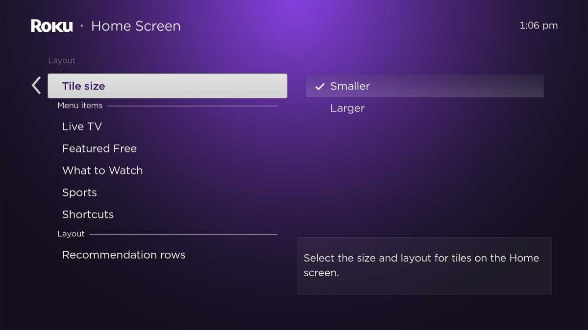 alt: Roku settings menu showing the Tile Size option with "Smaller" selected.