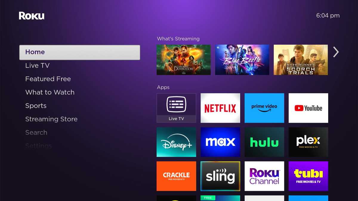 alt: Roku home screen with the "What's Streaming" row highlighted.