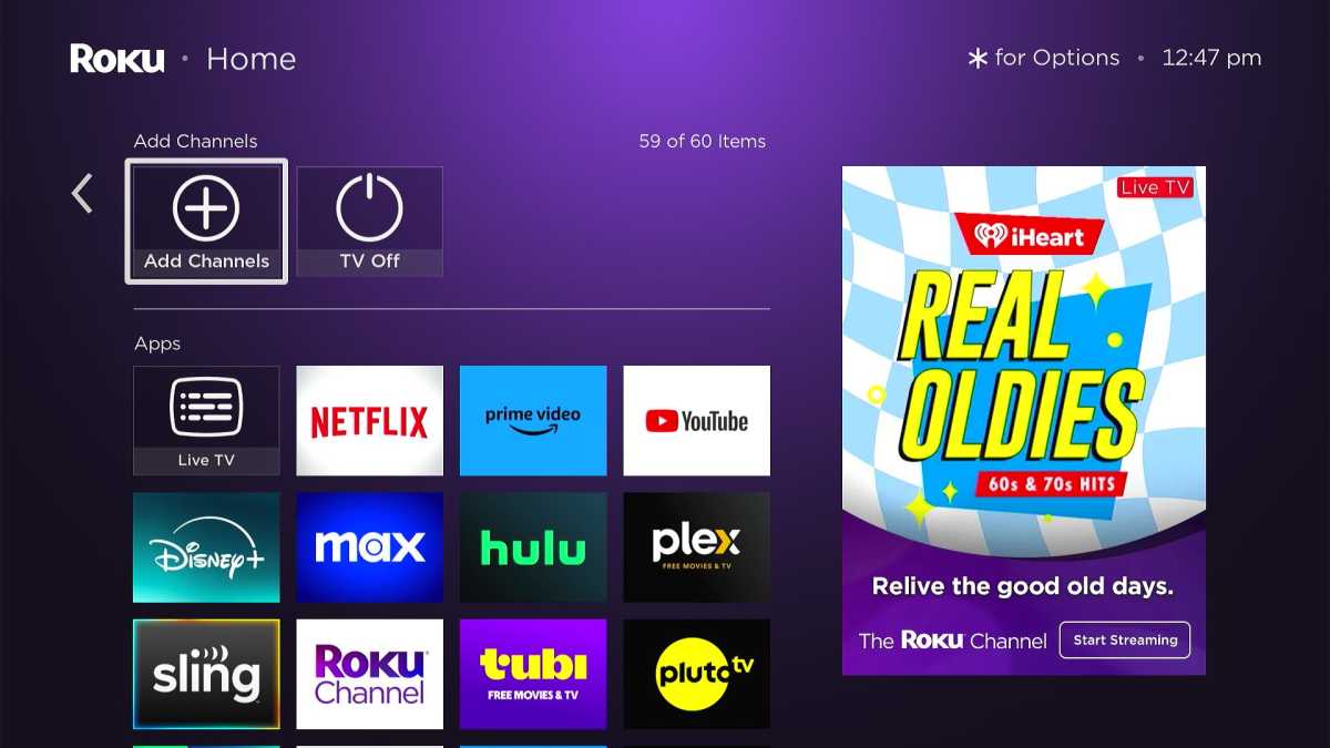 alt: Roku home screen showing the "Shortcuts" section with "Add Channels" and "TV Off" options.