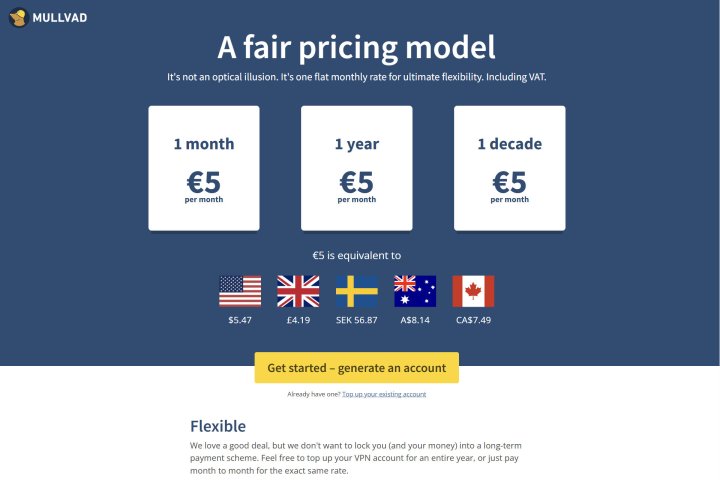 alt text: Mullvad VPN offers a simple pricing structure with a monthly fee of 5 euros.