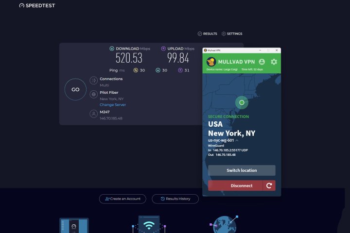 alt text:  Mullvad VPN demonstrating good upload and download speeds with a nearby server.