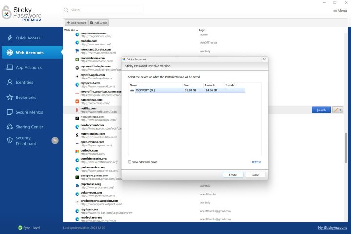 Portable version of Sticky Password on a thumb drive.