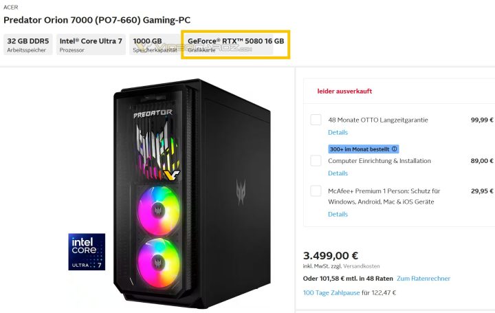 Leaked listing showing potential price of RTX 5080 gaming PC.