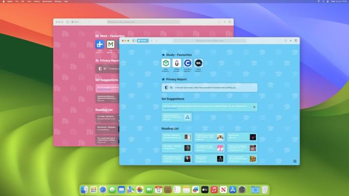Safari profiles in macOS Sonoma, showing a work profile and a studying profile next to each other.