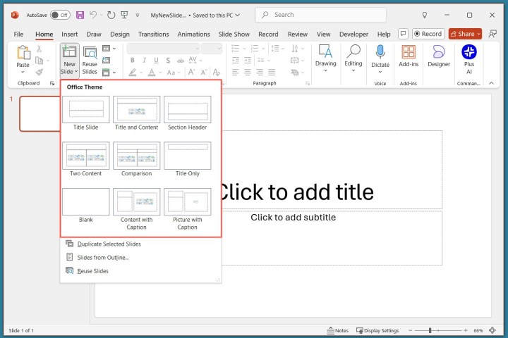 alt: Screenshot of the "New Slide" menu in PowerPoint, displaying various slide layouts with different placeholders for text, images, and other content.