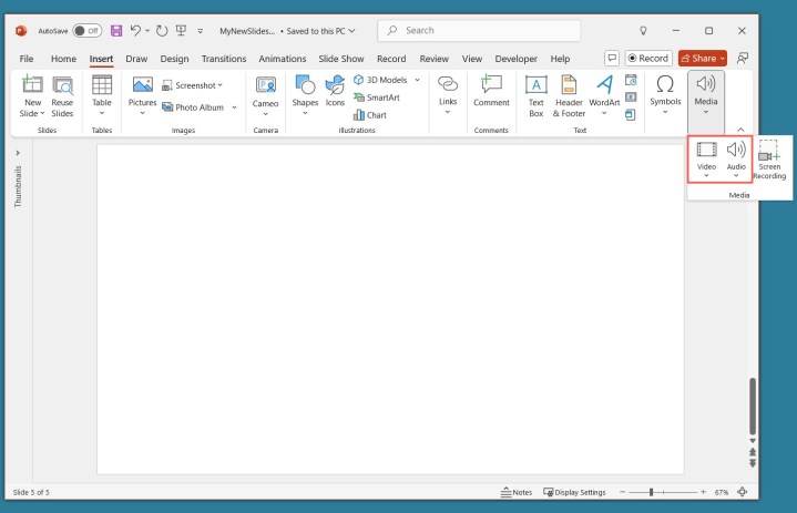 alt: Screenshot showing the "Insert Audio" and "Insert Video" menus in PowerPoint, allowing users to add multimedia elements to their presentations.