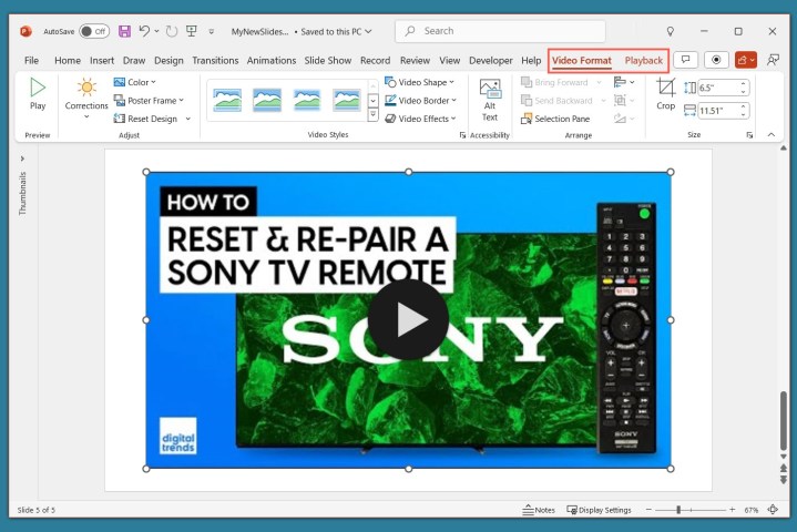 alt: Screenshot presenting the "Video Format" and "Playback" tabs in PowerPoint, offering controls for customizing video appearance and playback settings.